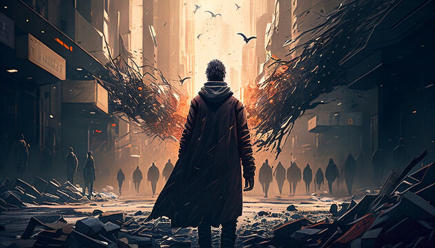 a chaotic street with a walking man who seems lost
