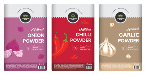 Onion powder Chilli powder Garlic powder labels design, spice label collection box design, spice seasoning label template vector. Abstract vector packaging design layout set with realistic shadow.