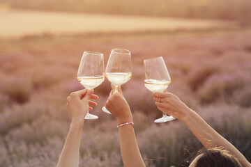 People holding glasses of wine making a toast at summer picnic on the lavender field. Friends...