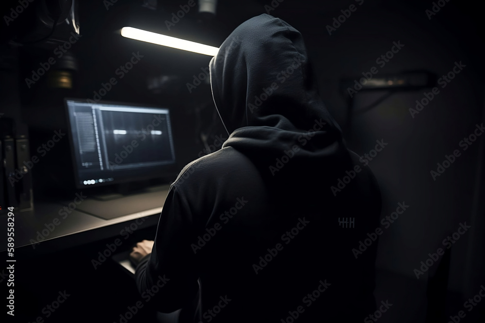 Poster hacker in hoodie sit back in front of the computer