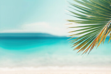 Fototapeta na wymiar Palm leaf on the sand of a beach. Generative AI