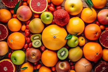 Top view of a fruit background. Generative AI