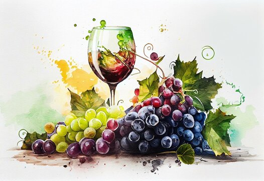 Watercolor background picture Wine and ripe grapes. Generative AI