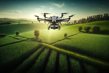 agronomist drone flying over large green field with herbs, created with generative ai