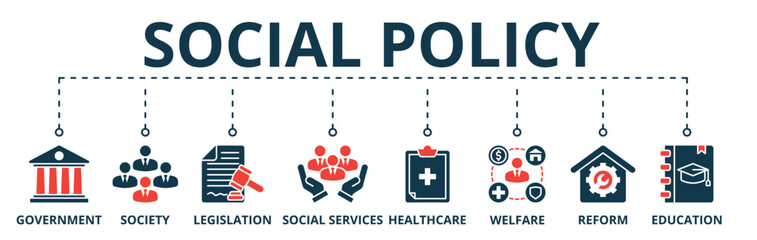 Banner of social policy web vector illustration concept with icons of government, society, legislation, social services, healthcare, welfare, reform, education