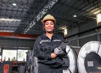 Shot of metal roofing mechanics who are responsible for using power tools to layout materials,...