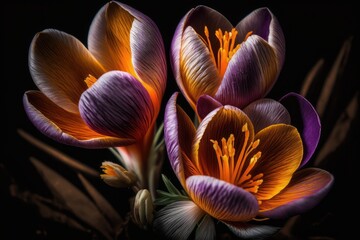 close-up of crocus blooms against dark background, created with generative ai