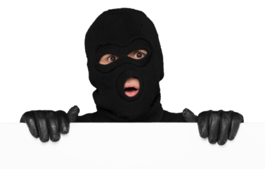 Thief hiding behind an empty white sign with space for text isolated on white background