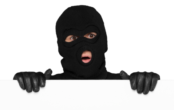 Thief hiding behind an empty white sign with space for text isolated on white background