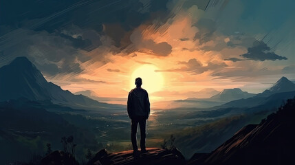 Obraz premium silhouette of a person in the mountains at sunrise created with Generative AI technology