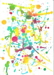 Grunge splattered paint colored bright spots abstract background, brush strokes, bright flyer art for festive, clear illustration light multicolored colors green, red, orange, yellow children party 