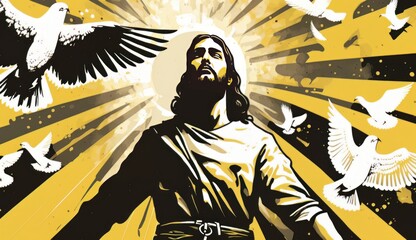 Jesus from behind and doves. ascension of Jesus christ. son of god in heaven resurrection of Jesus christ. bible character. yellow rays of divine light. collage paper art - obrazy, fototapety, plakaty