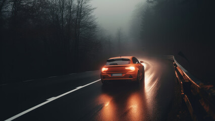 Fototapeta na wymiar bright orange car on the road on a foggy morning. Generative AI