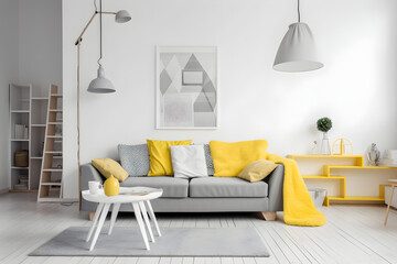Modern living room interior design with yellow elements. Spacious stylish living room. Apartment desing in white, gray and yellow colors, minimalistic concept. Generative AI