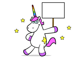 Lustiges Cartoon Einhorn zeigt ein leeres weißes Banner