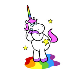Cartoon Einhorn ist peinlich berührt nach Einnässen in Regenbogen Farben
