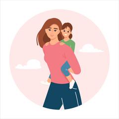 Happy kid riding on mothers back. Smiling laughing mom carrying daughter child. Joyful mum and girl having fun together, piggyback. Vector illustration in flat style