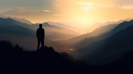 silhouette of a person in the mountains at sunrise created with Generative AI technology