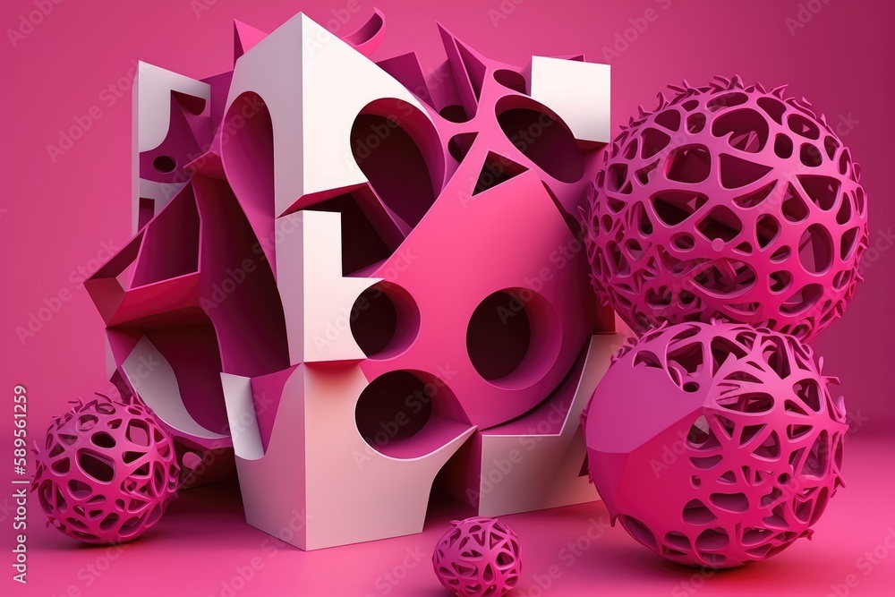 Poster abstract 3d rendering of geometric shapes in pink and white colors.