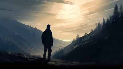 Obraz premium silhouette of a person in the mountains at sunrise created with Generative AI technology