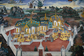 Obraz premium Historical paintings at the Temple of the Emerald Buddha and Grand Palace in Bangkok