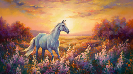 Obraz na płótnie Canvas Horse in field of wildflowers at golden sunset, serene and tranquil scene, oil painting effect, generative AI