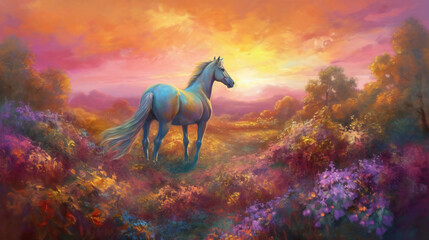 Horse in field of wildflowers at golden sunset, serene and tranquil scene, oil painting effect, generative AI
