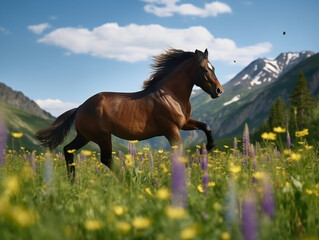 Hose galloping through vibrant wildflower field, majestic creature, freedom and adventure, generative AI