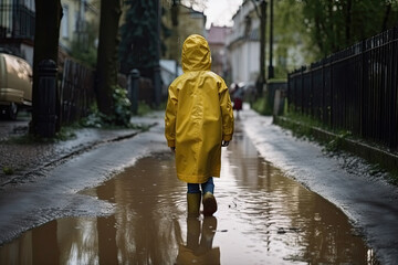 A child in a yellow raincoat and rubber boots walks through the puddles in the rain. Generative AI