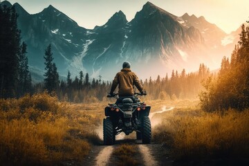 person, riding atv through the forest, with view of majestic mountain range in the background, created with generative ai - obrazy, fototapety, plakaty