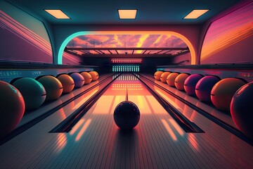 bowling alley, with colorful lanes and balls on display, during sunset, created with generative ai - obrazy, fototapety, plakaty