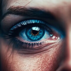 Extreme close up of blue beautiful woman eyes, happy emotional eyes front view looking at camera banner with copy space people double pair of  eyelash makeup model fashion smooth skin  Generative AI 