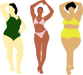 Body positive woman in bikini vector set. Female underwear illustration. Plus size and slim international and interracial woman.