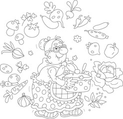 Funny granny holding a pan of an original tasty soup with fresh ripe vegetables from her summer kitchen garden, black and white outline vector cartoon illustration for a coloring book