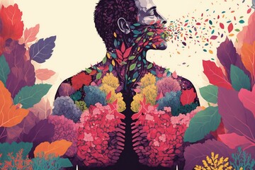 person, meditating among garden of colorful and fragrant flowers, with pair of smooth and healthy lungs visible, created with generative ai