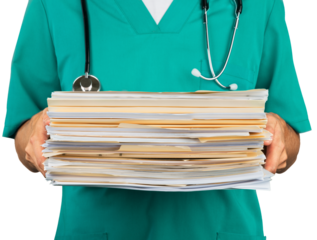 Close-up of a Nurse with Stack of Documents , Files