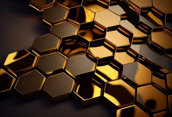Glossy Tiles arranged to create a Hexagonal wall. Gold, Luxurious Background formed from 3D blocks. 3D Render. Generative AI