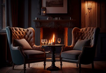 Comfortable armchairs next to a wooden table opposite a magnificent fireplace can be found in an elegant living room with loft interior design in a luxurious property. Generative AI