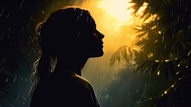 silhouette of a woman in a rain forest as a painting created with Generative AI technology