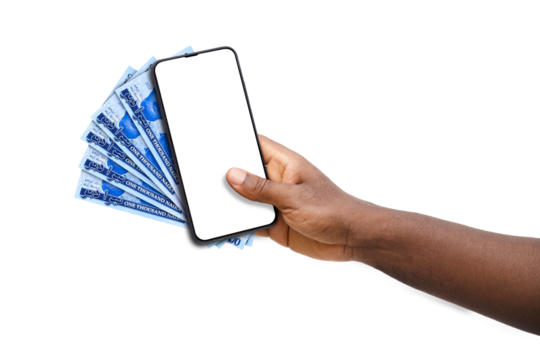 Black hand holding mobile phone with blank screen and Nigerian naira notes