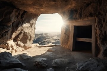 View from the stone inhabited cave on the natural landscape made with generative AI