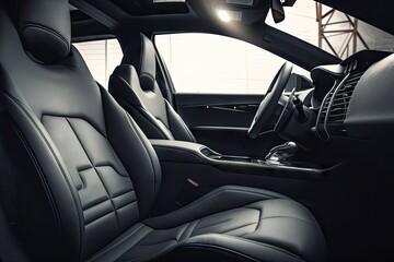 modern car interior with sleek and minimalist design, featuring black leather seats and metallic accents, created with generative ai