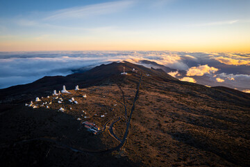 Aerial sunrise panoramic view above the Observatories of Tenerife in the Canary Islands - European Space Telescopes
