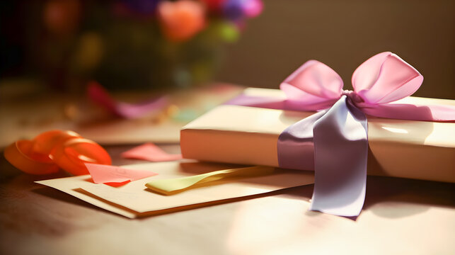Gift bound with a nice ribbon with a card on the side on a table. Gift for mother's day, birthdays or other events. Generative ai