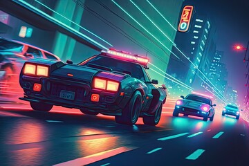 fast-paced chase along neon night city crossing, with police cars in pursuit of high-speed getaway car, created with generative ai
