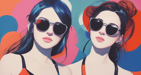 Fototapeta na wymiar Painting portrait of two young women in sunglasses on abstract painting background. Content made with generative AI not based on real persons.