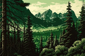 forest, with view of emerald green meadow and distant mountains in the background, created with generative ai