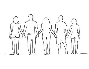 Hand-drawn young people standing and holding each others hands back side view elegant line drawing 