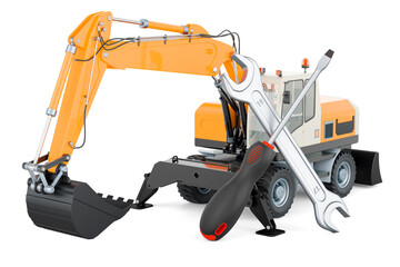Excavator with screwdriver and wrench, 3D rendering