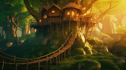 Tree houses with wooden bridge in fantasy forest, misty morning. Sun rays in fog. Generative AI